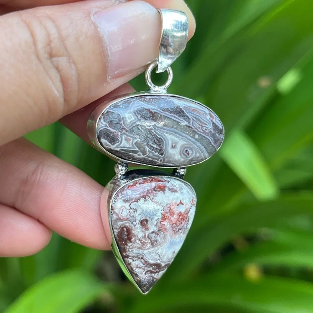 925 silver plated‎ crazy lace agate pendant
